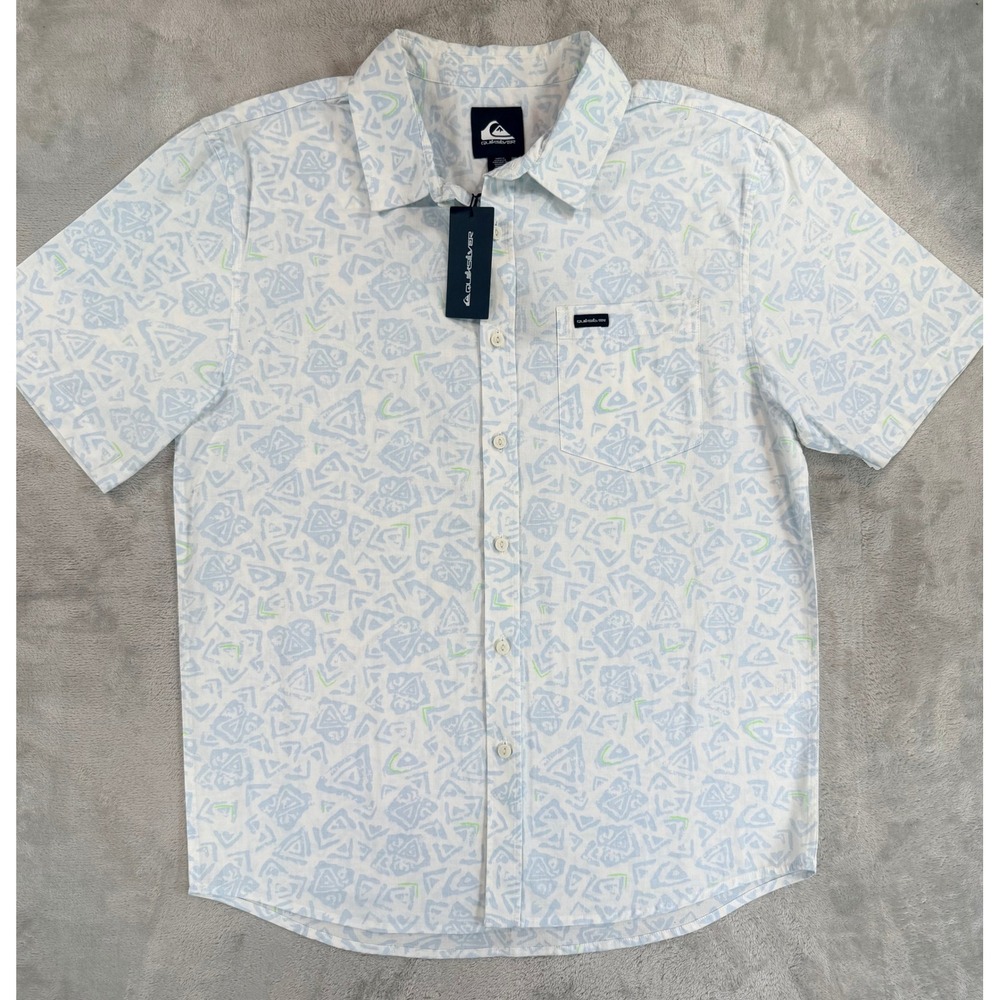 NWT Quiksilver Mens Button Up Shirt Hiero Stamp Classic SS Snow White Medium